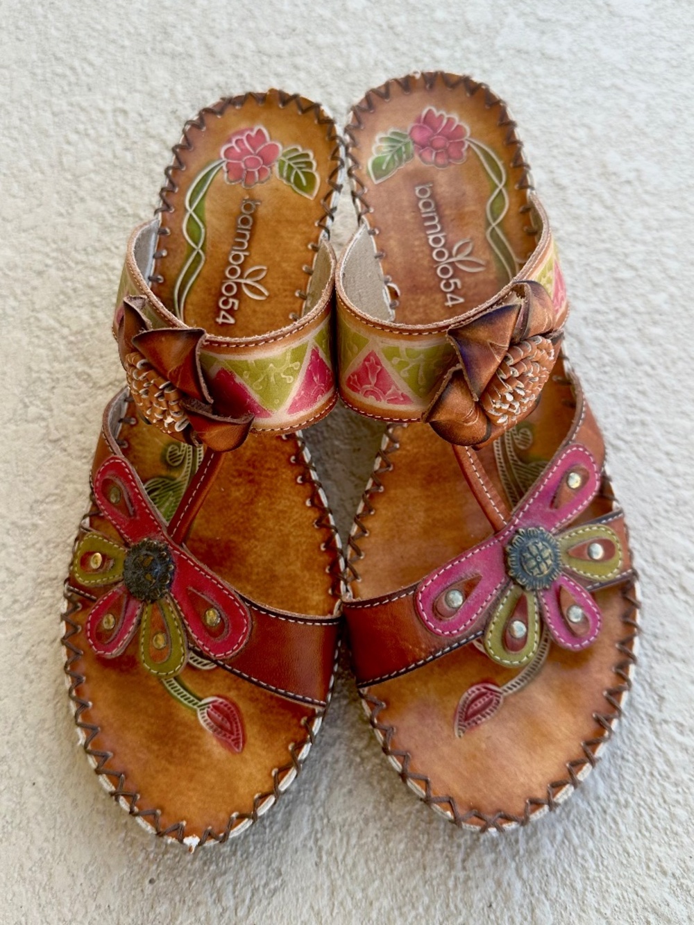 Bamboo54 Hand-Painted Leather Wedge Sandals, Size 8
